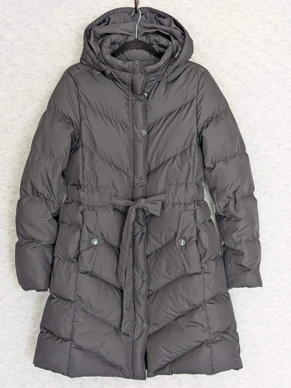 J.CREW Down Puffer Coat Belted Hooded Parka Jacket Black Size M Mid-Thigh Length